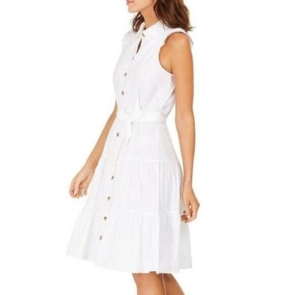 New Calvin Klein White Button Down Tiered Belted Midi Dress 2 - Picture 1 of 10